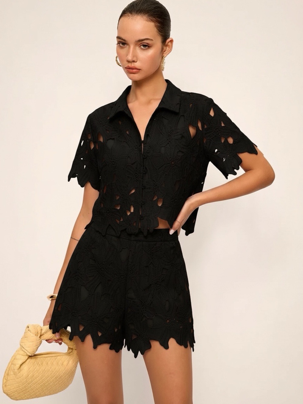 Commense Floral Lace Cropped Shirt & Shorts Set